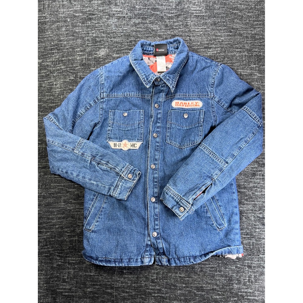 Harley-Davidson Denim Jacket Boys 12/14 Blue Quilted Camo Lining Back Graphic